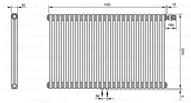 Схема (чертеж) Радиатор Zehnder Charleston 2220/25 №V008 Белый глянцевый RAL 9016